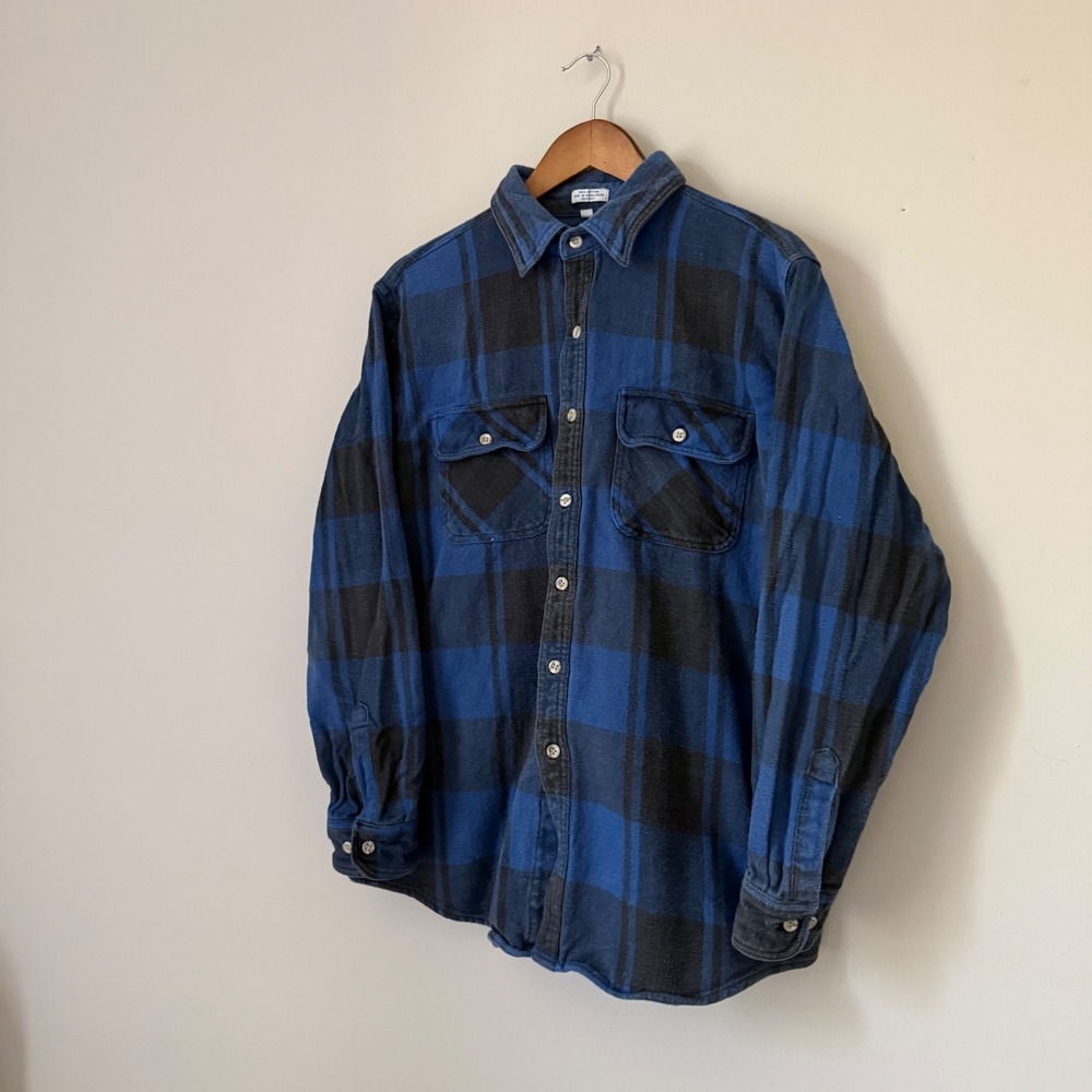 Vintage Eagle Crest Blue Black Plaid Flannel 100% cotton Button Up Shirt Size XL